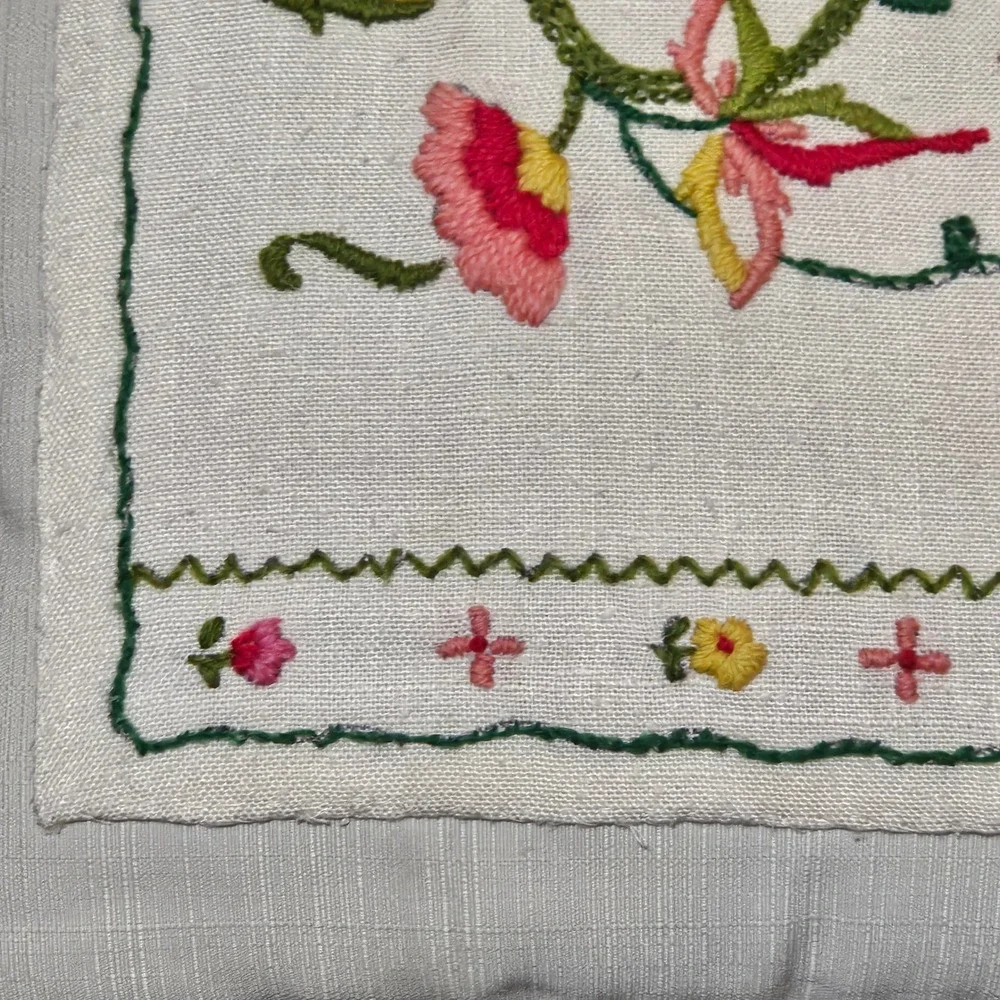 Vintage Style‎ Hand Embroidered Floral Pillow Cottagecore Folk Art Needlework